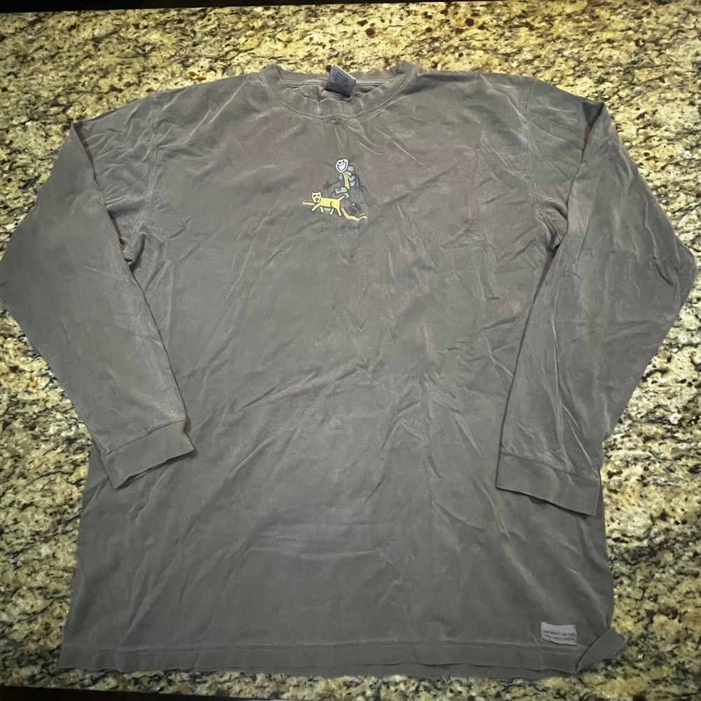 Life is Good Mens XL Long Sleeve T-Shirt Hiking Jake Dog Graphic Gray Cotton